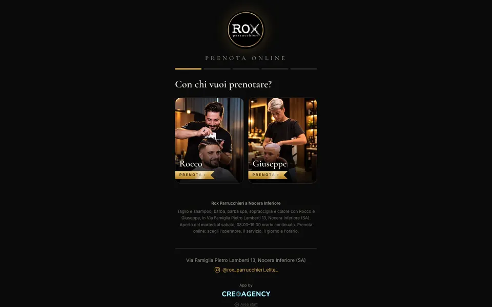 App di prenotazione Rox Parrucchieri vista da computer