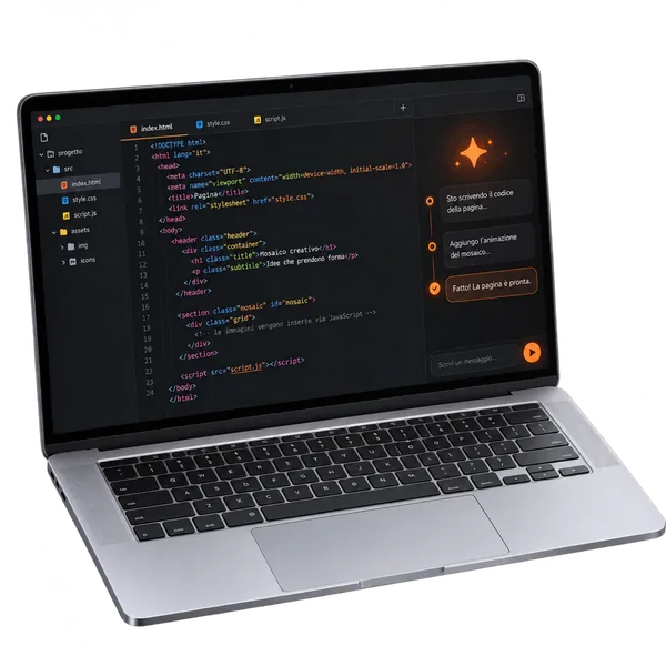 Laptop con un assistente AI che scrive codice
