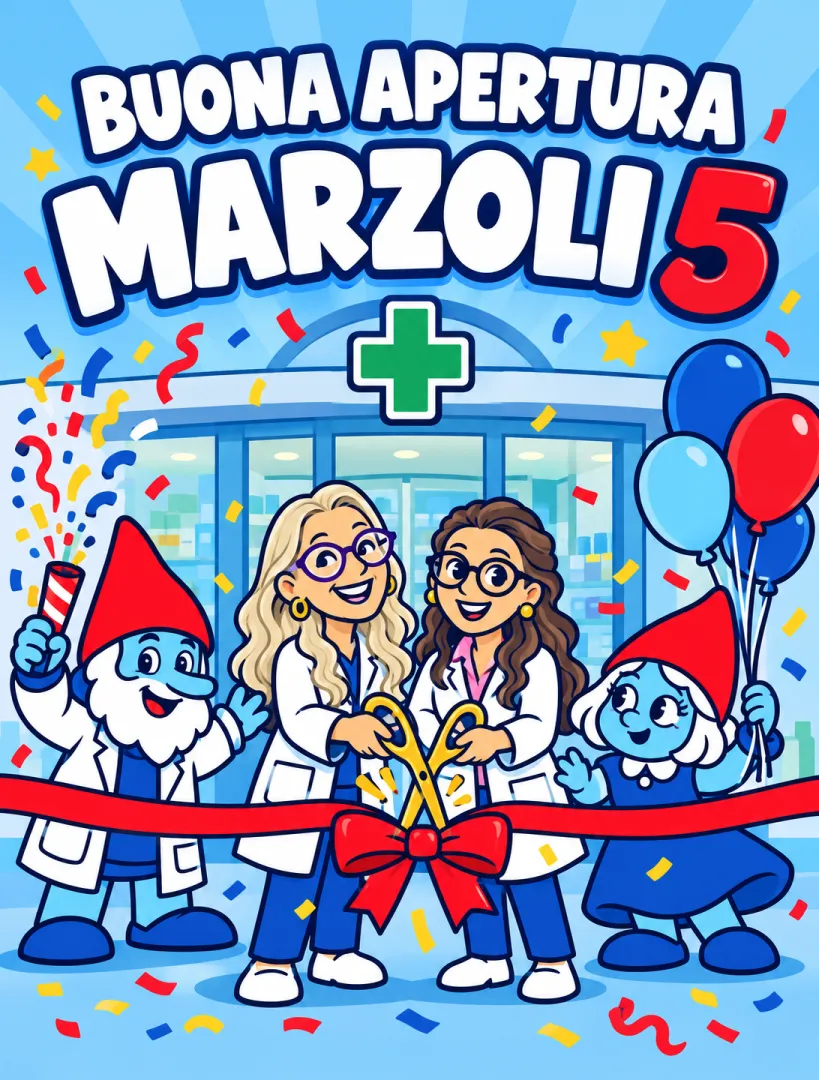 Cartoon dell'apertura di Marzoli 5: gnomi e dottoresse tagliano il nastro