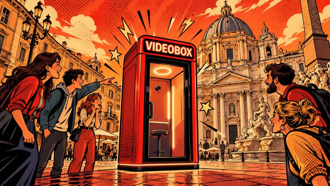 Illustration of the Videobox in a square with people waiting in line